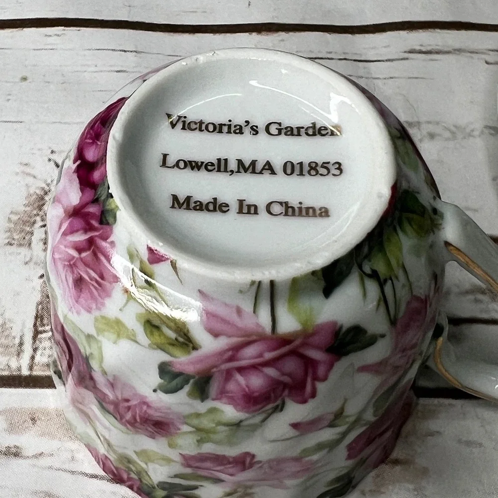 Victoria's Garden Teacup Saucer Set Pink Rose‎ Floral Gold Trim Porcelain White